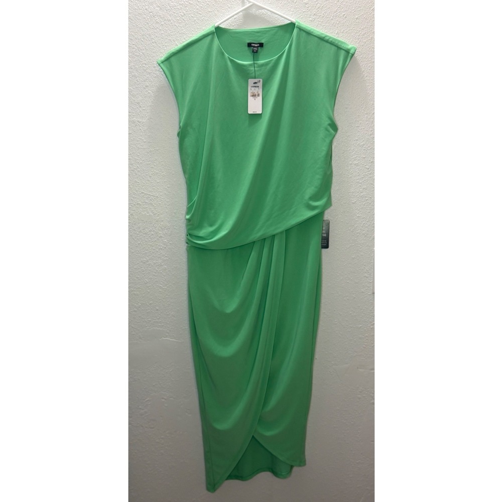 Express Draped Wrap Midi Dress Womens XS Green NEW Sleeveless Ruched Tulip Hem